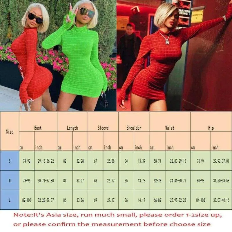 FashionSierra - Women's Stretch Long Sleeve Plaid High Neck Bodycon Dress Autumn Ladies Clubwear Party Club Short Mini Dress