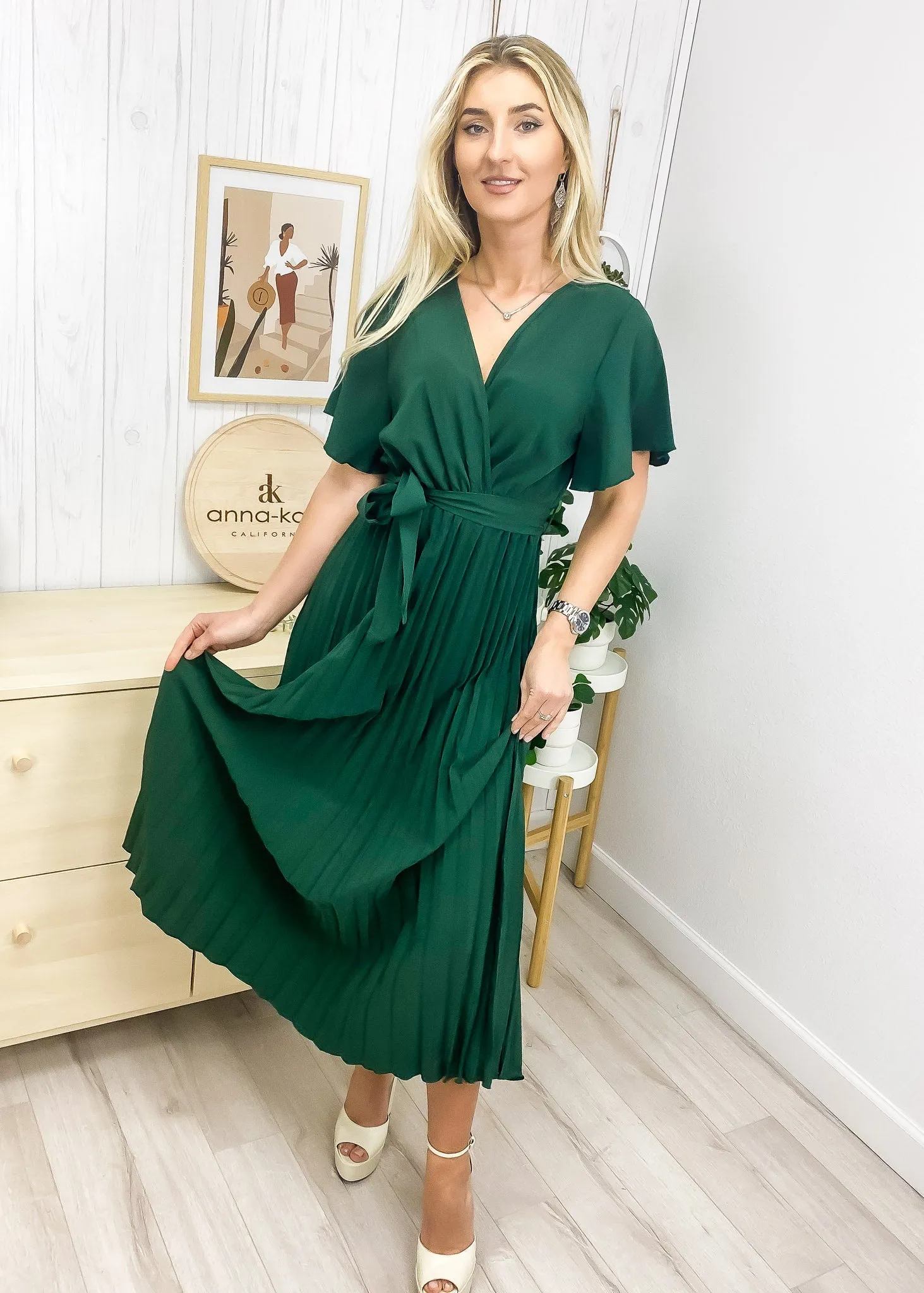 Flutter Sleeve Pleated Wrap Dress