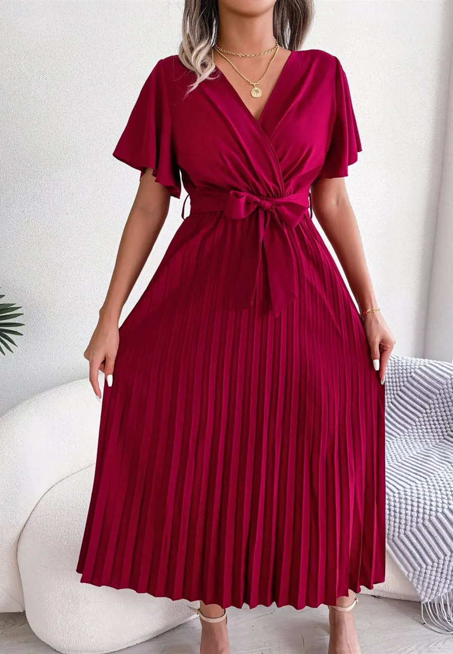 Flutter Sleeve Pleated Wrap Dress