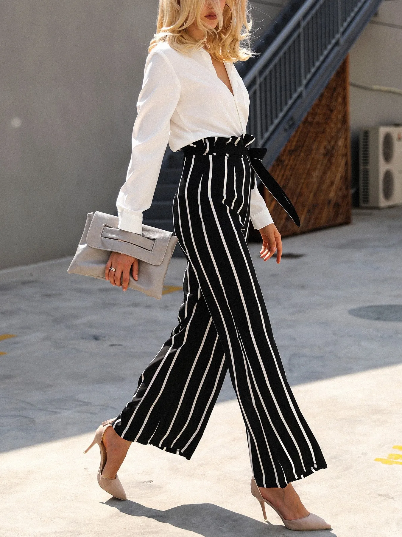 Frills Striped Belted High Waist Wide Leg Pants