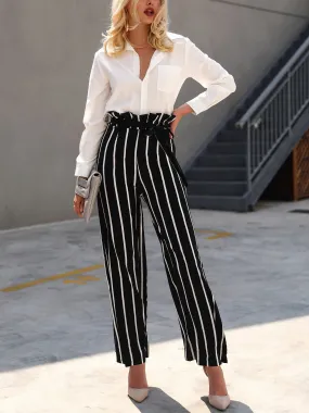 Frills Striped Belted High Waist Wide Leg Pants