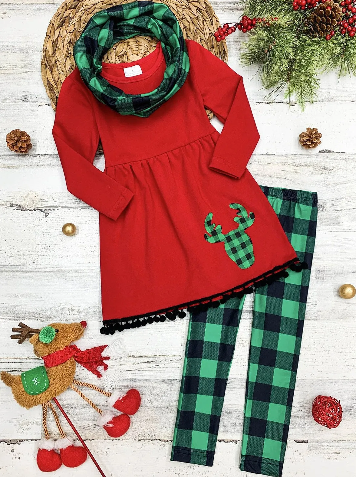 Girls Long Sleeve Reindeer Tunic, Plaid Leggings And Scarf Set