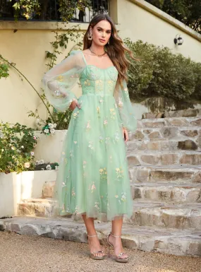 Glamorous A-line Long Sleeves Floral Ankle Length Dress