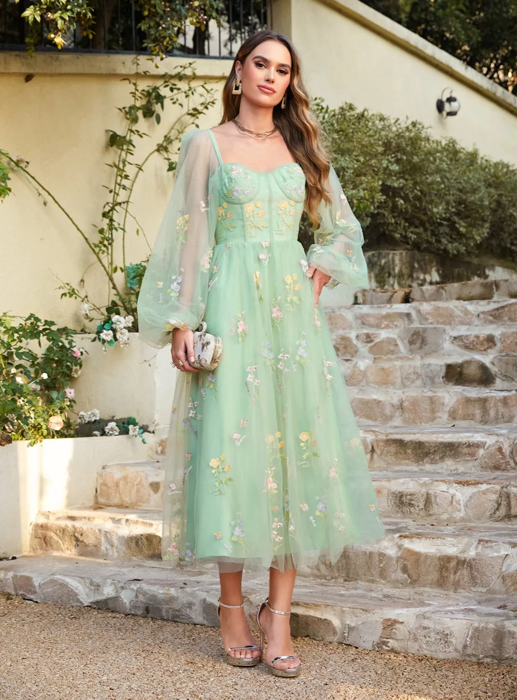 Glamorous A-line Long Sleeves Floral Ankle Length Dress