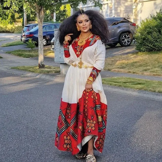 Gorgeous Red Pattern Habesha Dress Elegant Style Habesha Kemis Beautiful Ethiopian Dress