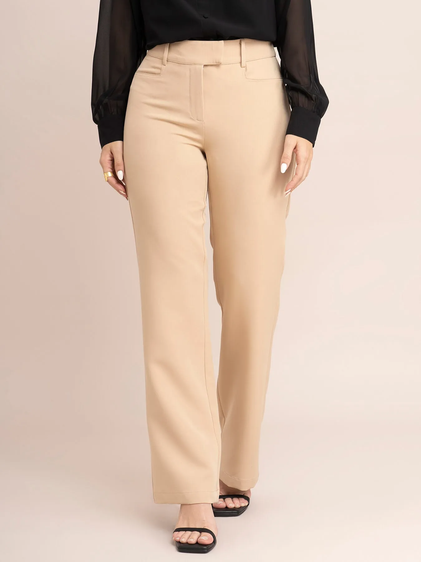 High Waist Bootcut Pants - Beige