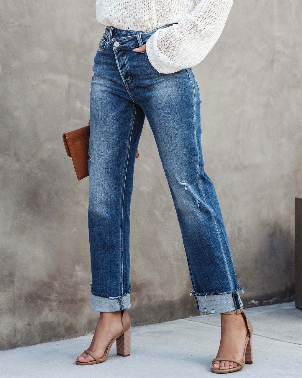 High Waist Button Splicing Straight Jeans - Urban Casual Denim Pants