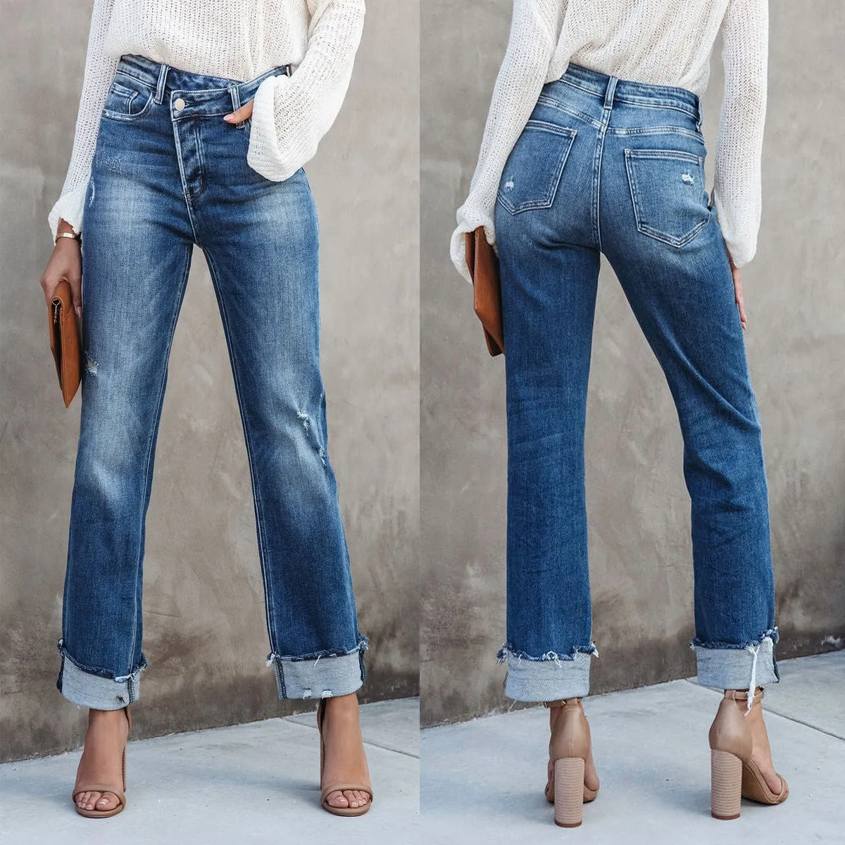 High Waist Button Splicing Straight Jeans - Urban Casual Denim Pants