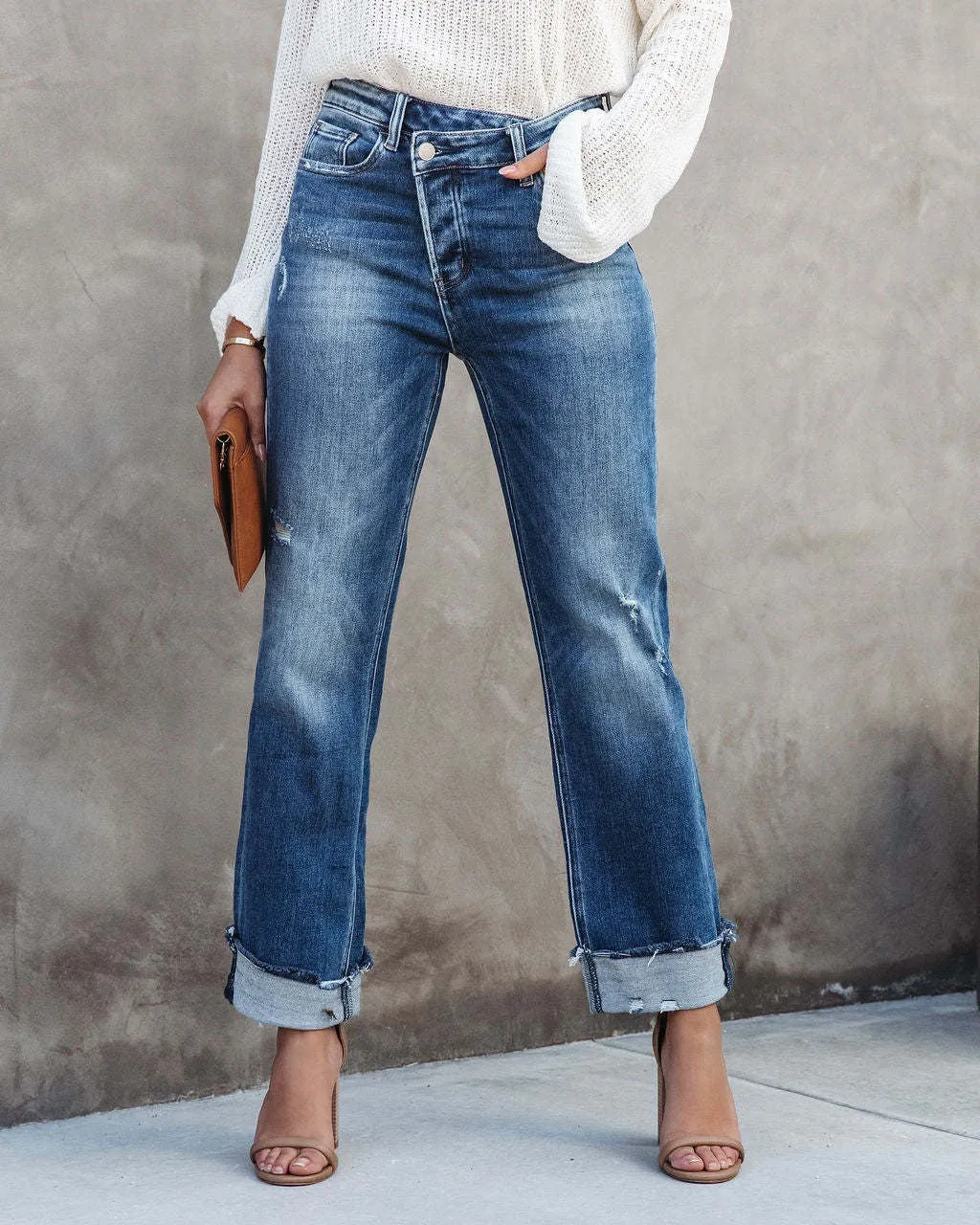 High Waist Button Splicing Straight Jeans - Urban Casual Denim Pants