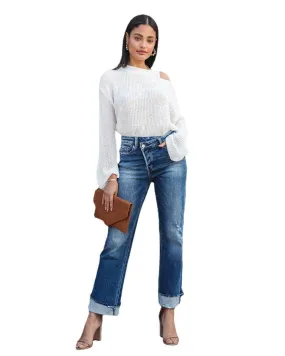 High Waist Button Splicing Straight Jeans - Urban Casual Denim Pants