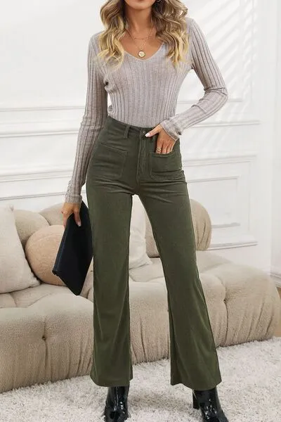 High Waist Square Pockets Corduroy Pants