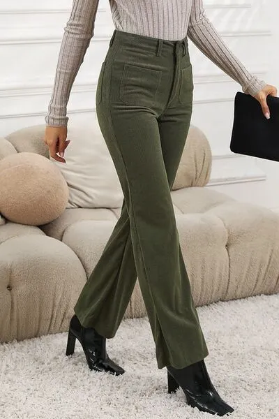 High Waist Square Pockets Corduroy Pants