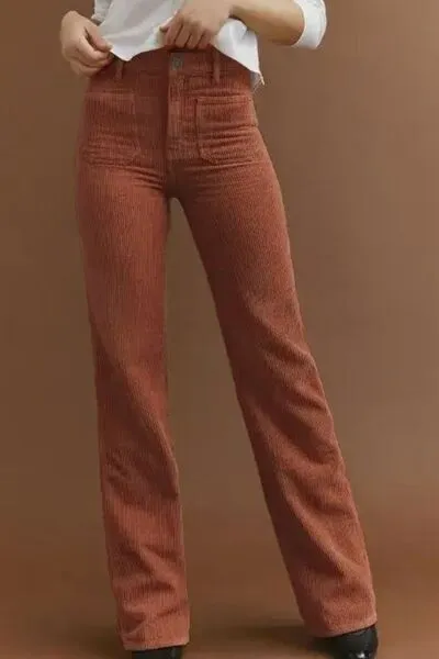 High Waist Square Pockets Corduroy Pants