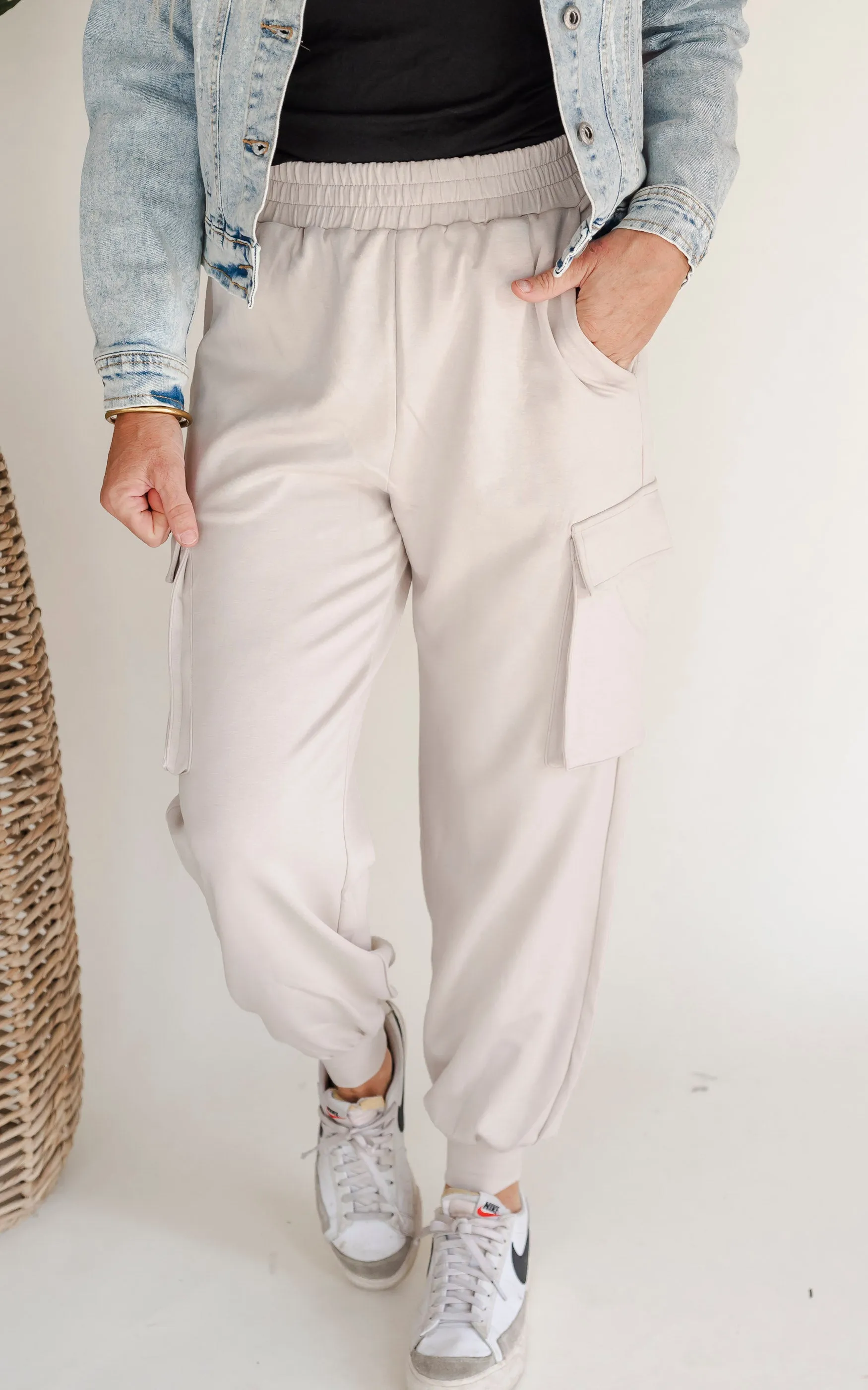 High Waisted Solid Knit Cargo Pants - Final Sale