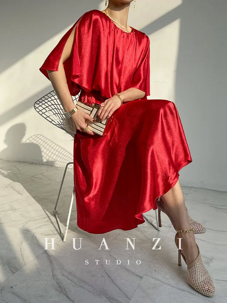 HUANZI custom designer acetic loose short-sleeved silky elegant dress -Leila passion