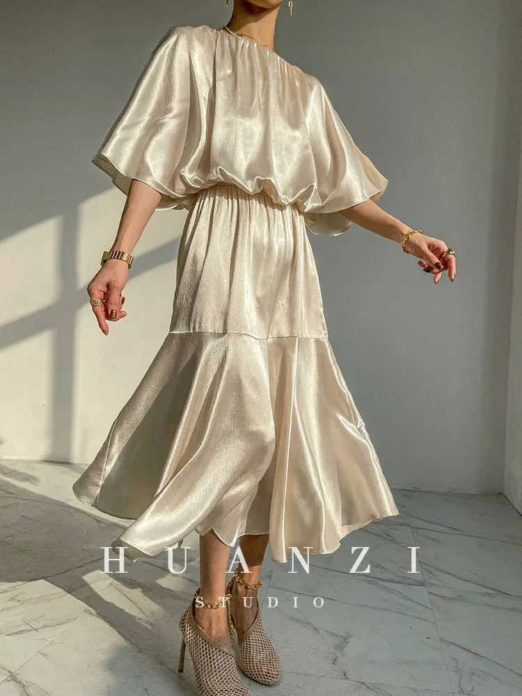 HUANZI custom designer acetic loose short-sleeved silky elegant dress -Leila passion