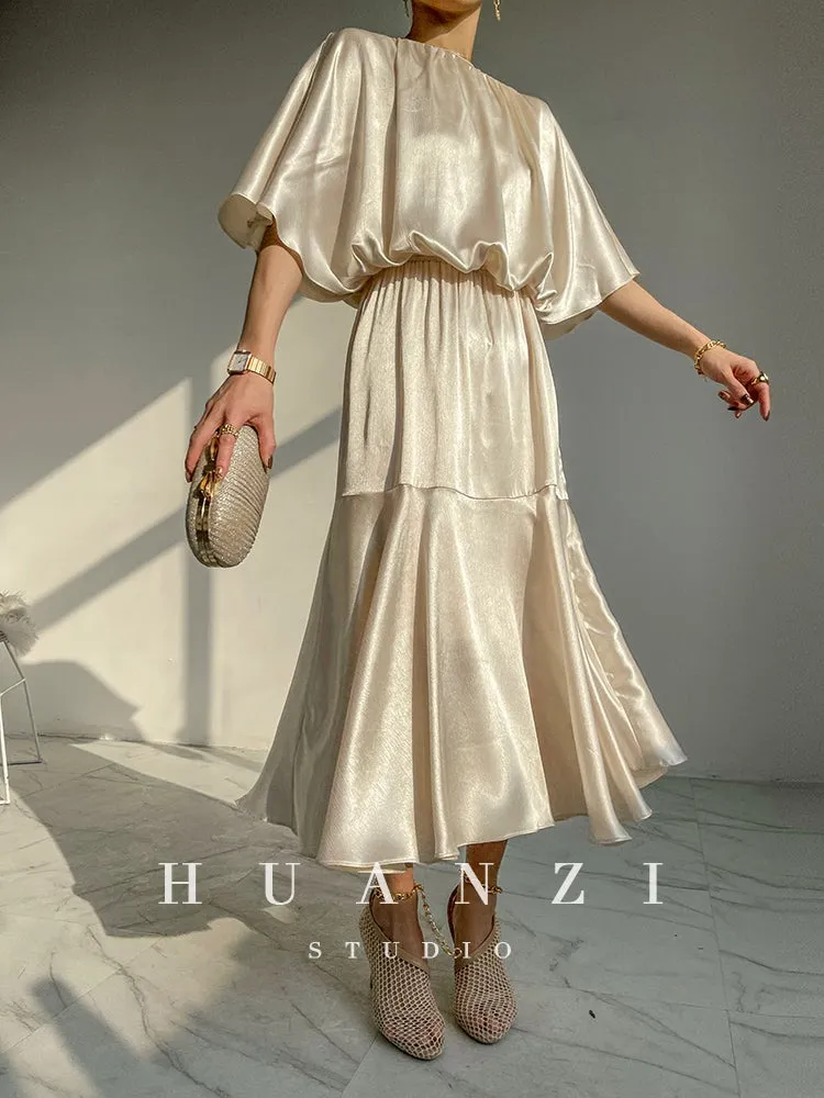 HUANZI custom designer acetic loose short-sleeved silky elegant dress -Leila passion