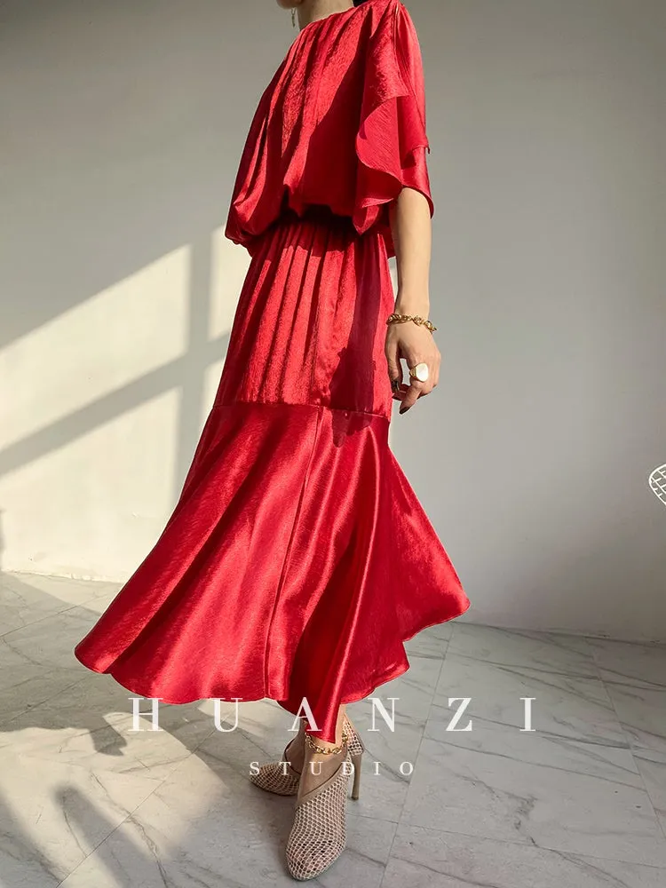 HUANZI custom designer acetic loose short-sleeved silky elegant dress -Leila passion