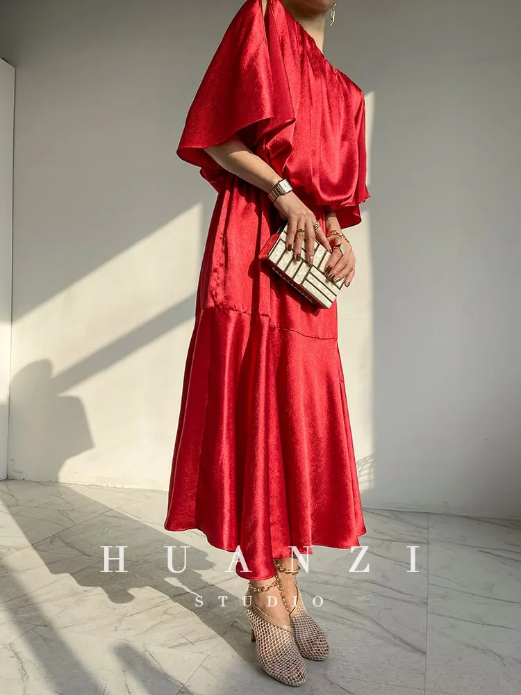 HUANZI custom designer acetic loose short-sleeved silky elegant dress -Leila passion