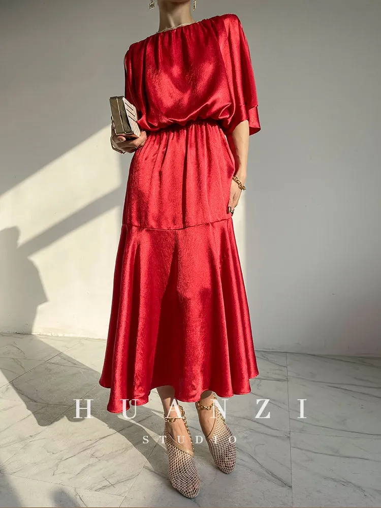 HUANZI custom designer acetic loose short-sleeved silky elegant dress -Leila passion