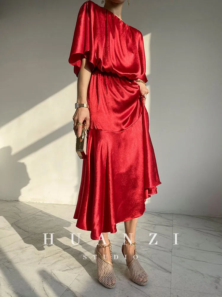 HUANZI custom designer acetic loose short-sleeved silky elegant dress -Leila passion