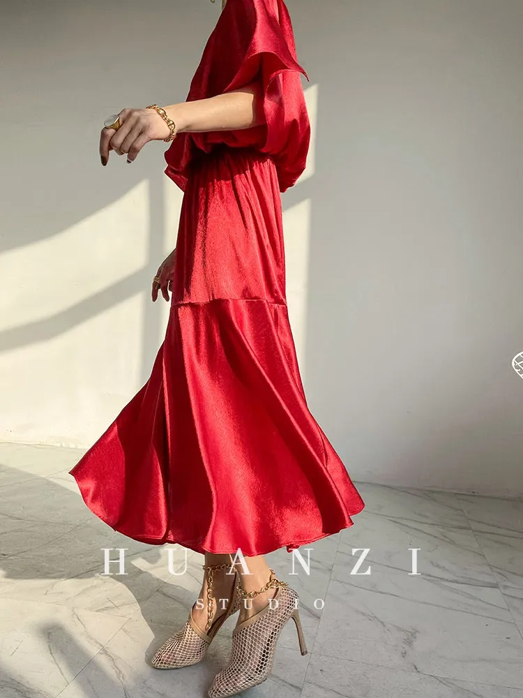 HUANZI custom designer acetic loose short-sleeved silky elegant dress -Leila passion