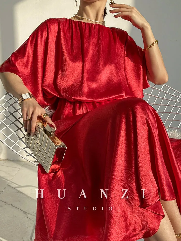 HUANZI custom designer acetic loose short-sleeved silky elegant dress -Leila passion