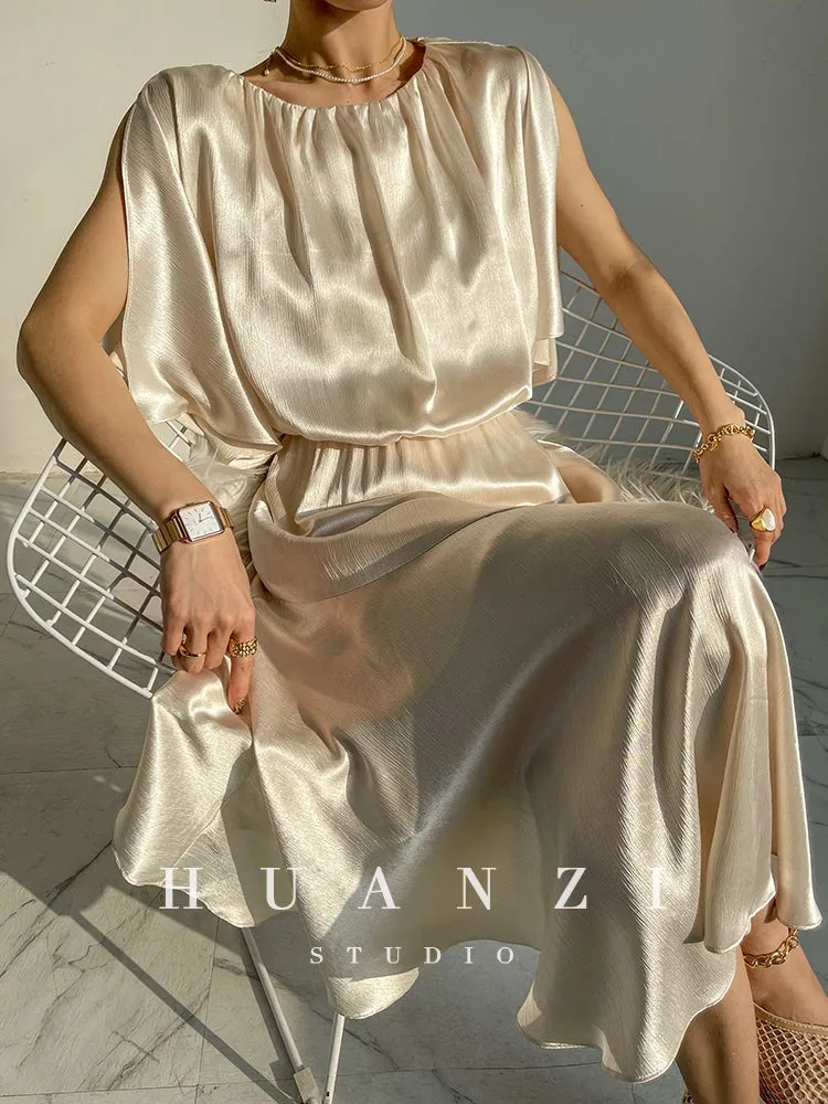 HUANZI custom designer acetic loose short-sleeved silky elegant dress -Leila passion