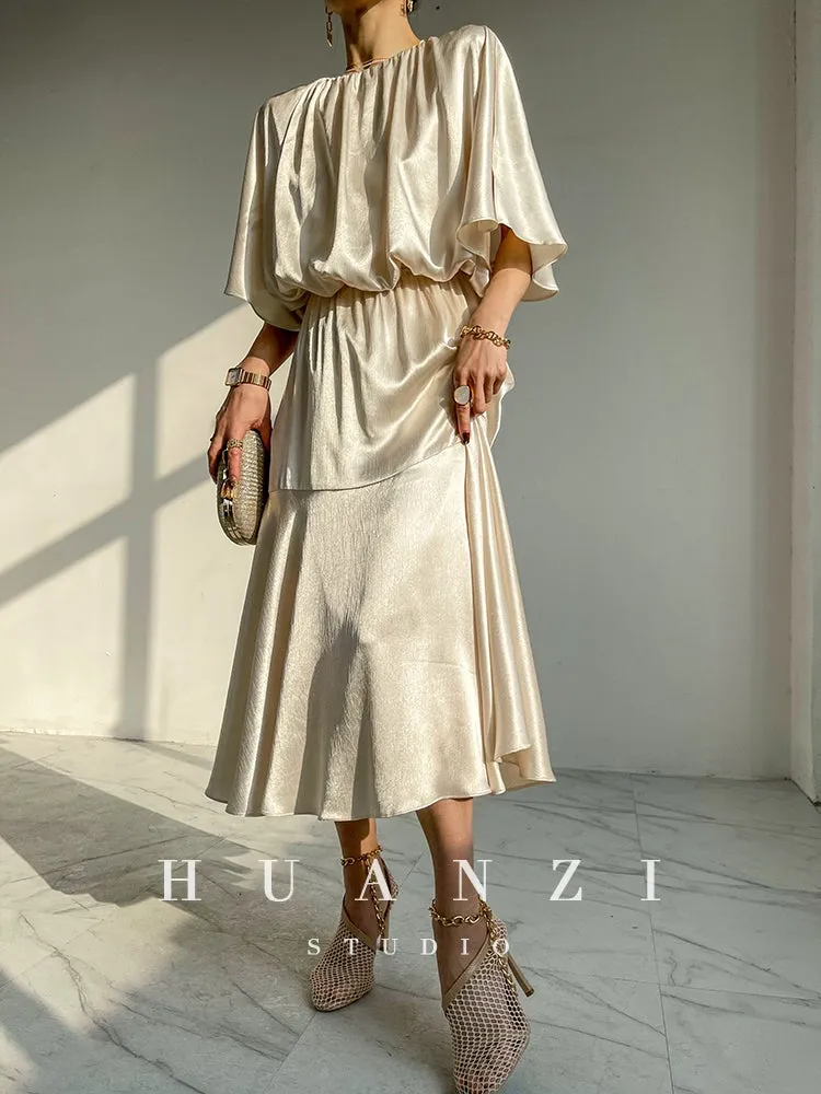 HUANZI custom designer acetic loose short-sleeved silky elegant dress -Leila passion