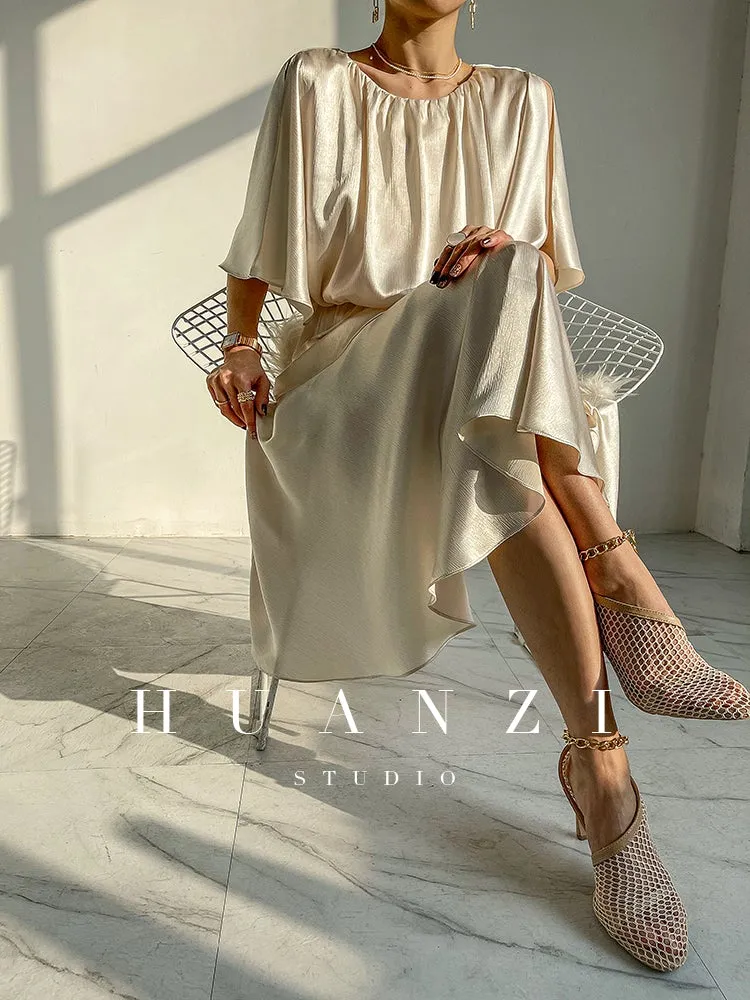 HUANZI custom designer acetic loose short-sleeved silky elegant dress -Leila passion