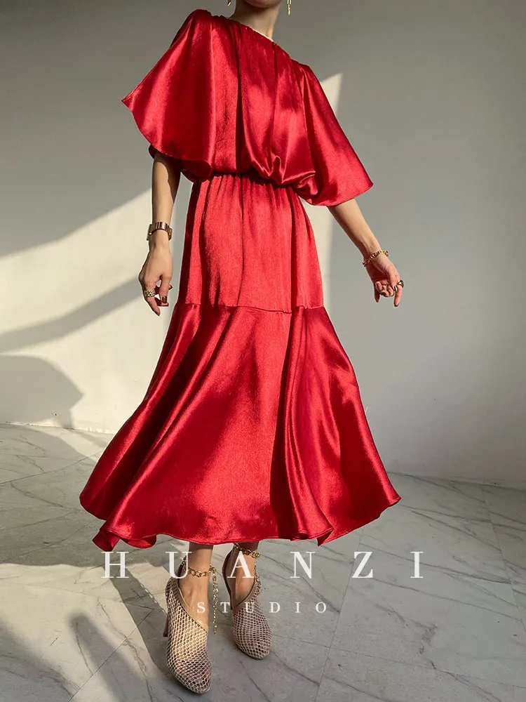 HUANZI custom designer acetic loose short-sleeved silky elegant dress -Leila passion