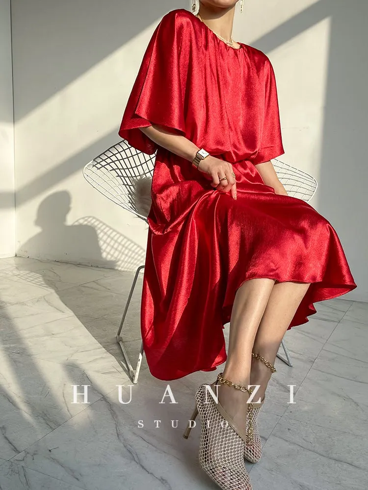 HUANZI custom designer acetic loose short-sleeved silky elegant dress -Leila passion