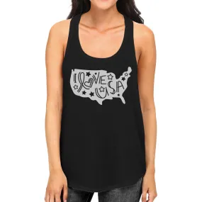 I Love USA Map Womens Black Tank Top Cute Letter Printing Design