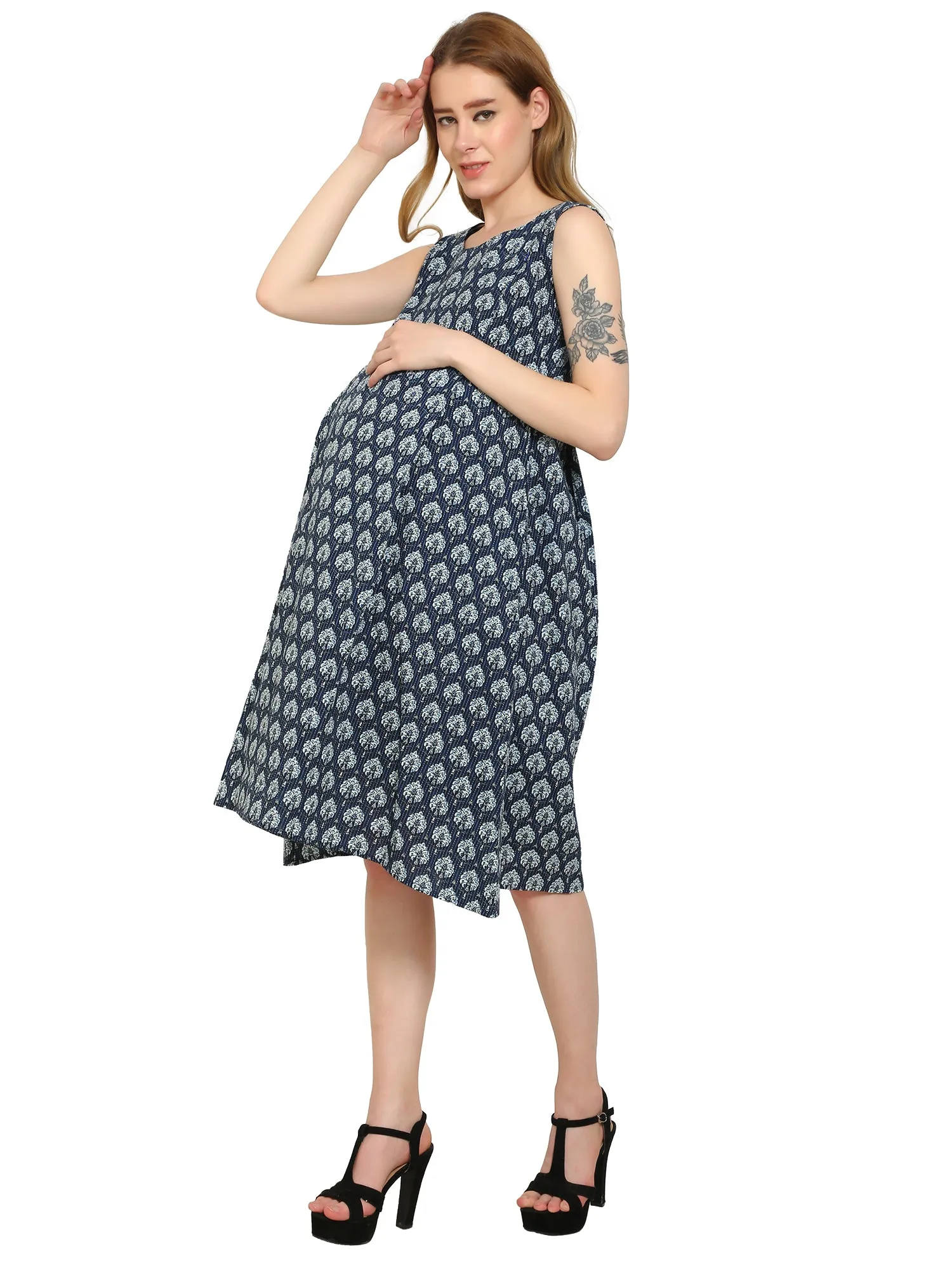 Indigo Fit and Flare Cotton Maternity and Feeding Dress