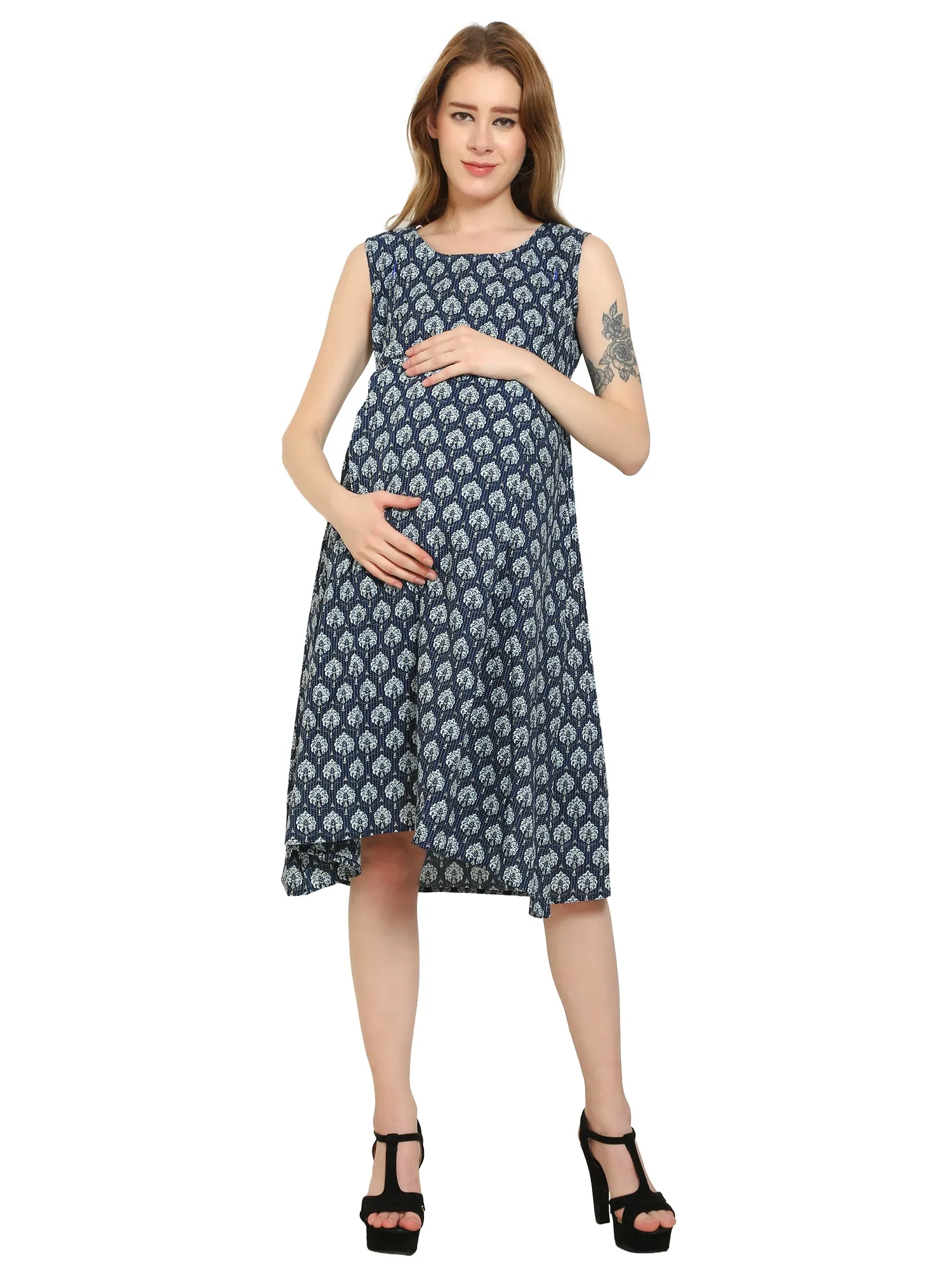 Indigo Fit and Flare Cotton Maternity and Feeding Dress