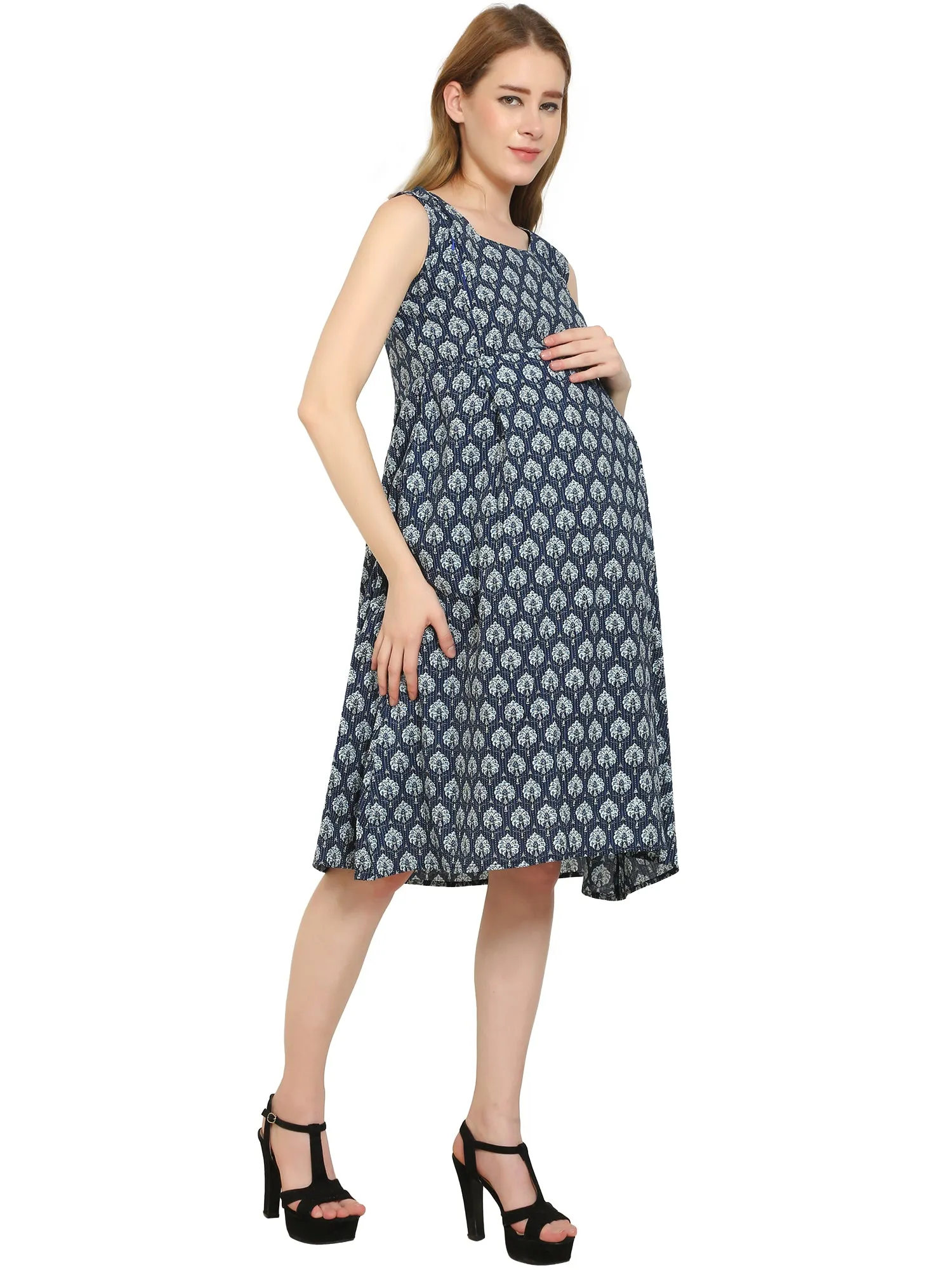 Indigo Fit and Flare Cotton Maternity and Feeding Dress