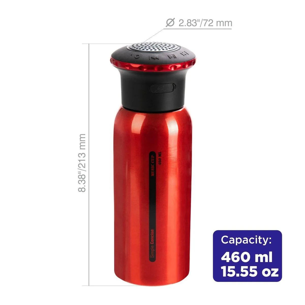 Insulated Water Bottle with Bluetooth Speaker, Red, 15 oz