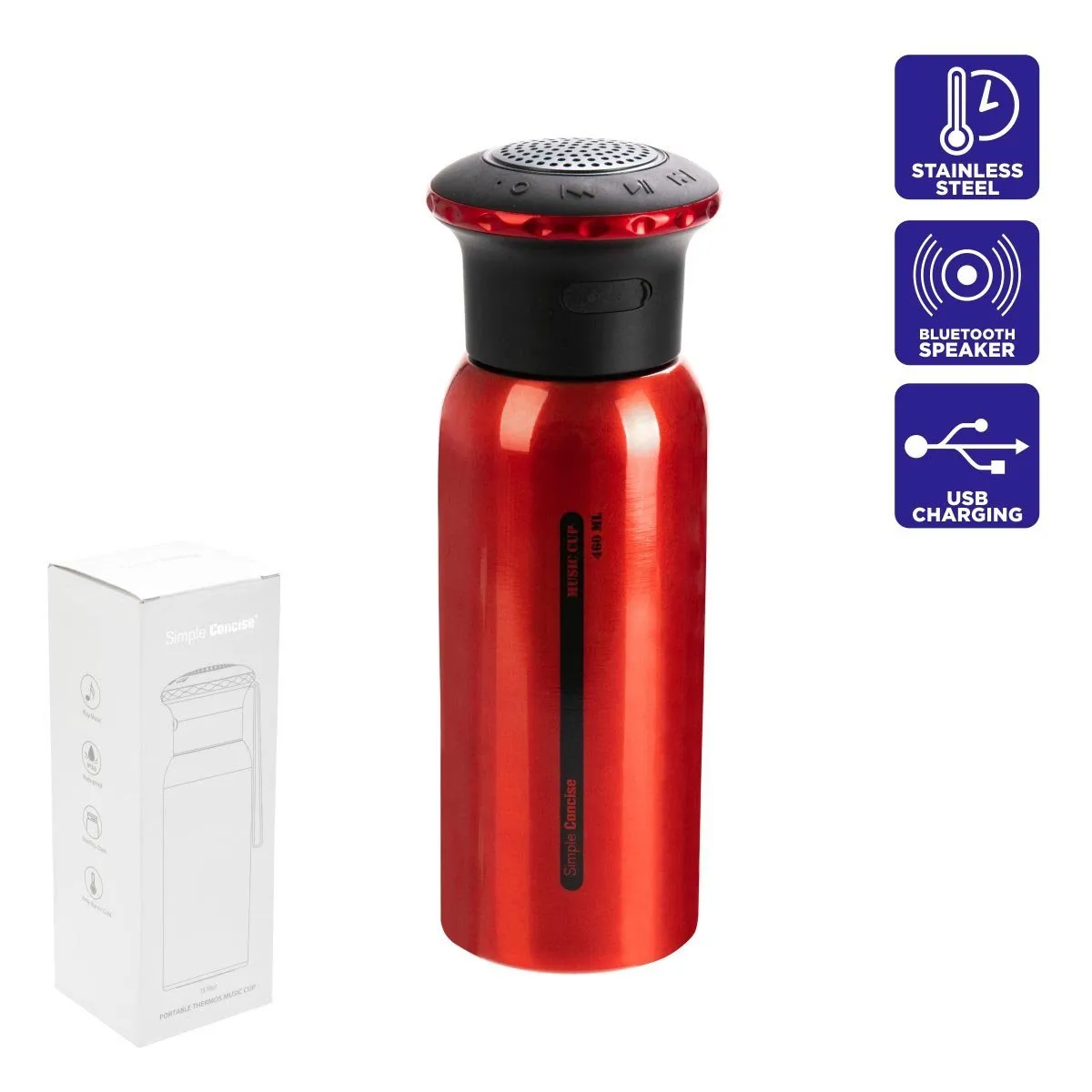 Insulated Water Bottle with Bluetooth Speaker, Red, 15 oz