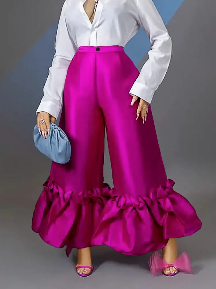 kamames Am220521 High Waist Loose Design Ruffles Wide-Leg Bell-Bottoms High Waist Flare Pants