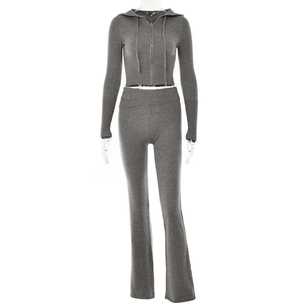 Knitted Hooded Suits Women's High Waist Long Sleeves Trousers Two-piece Set