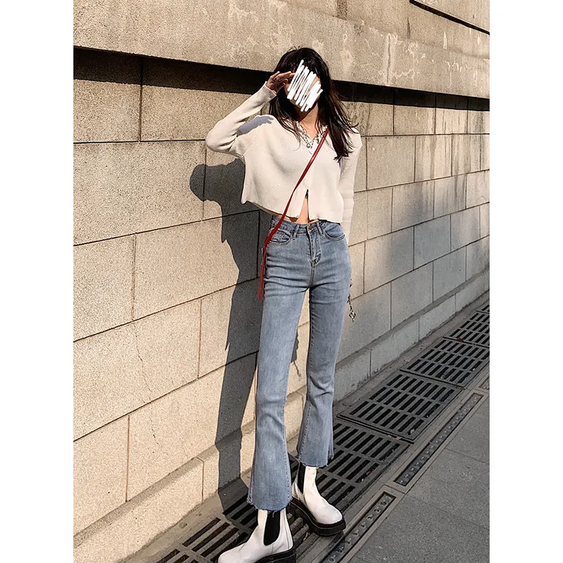 Korean CHIC Flare Leg Pants Women High Waist Slim Look Loose All-Matching Vintage Popular Young Look Denim Pants Pants