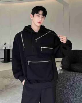 Korean Fashion Style Multi Zip Pocket Oversized Pullover Hoodie For Men's