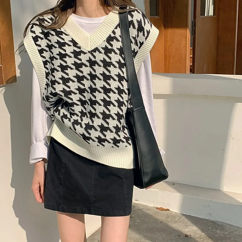 Korean Style Houndstooth Knit Vest Sweater for Autumn/Winter