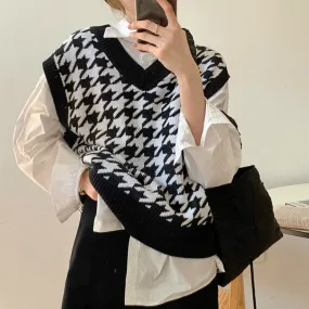 Korean Style Houndstooth Knit Vest Sweater for Autumn/Winter