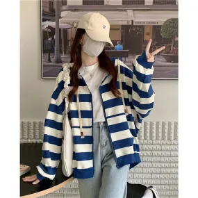 Korean Style Zipper Striped Female Hoodies Autumn Loose Casual Drawstring Streetwear Long Sleeve Women Sweatshirts