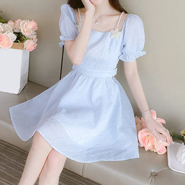 Light Blue Embossed Puff Sleeve Short Dress