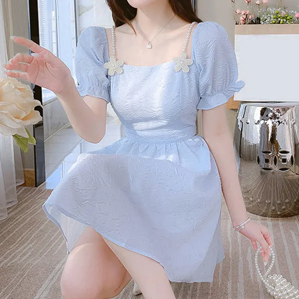 Light Blue Embossed Puff Sleeve Short Dress