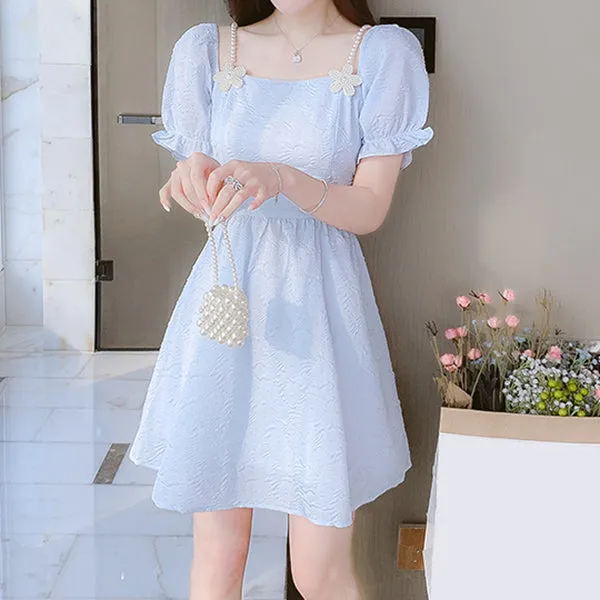 Light Blue Embossed Puff Sleeve Short Dress