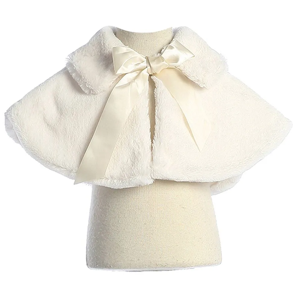 Little Girls Ivory Fluffy Faux Ribbon Closure Cape 2T-6