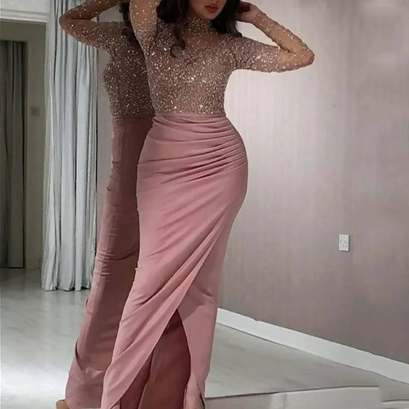 Long Sleeve Sequin Wrap Evening Dress